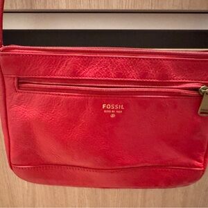 Vintage Fossil Red Leather Crossbody with Gold Logo Accent